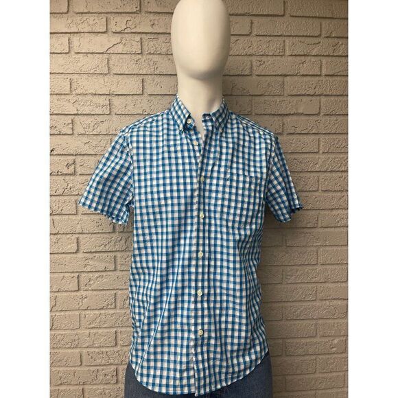 Nautica Men Blue/White Short Sleeve Checkered Button-Down Shirt Size M - Picture 1 of 10